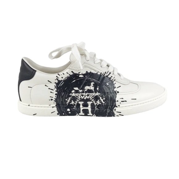 Authentic HERMES Swift Printed Peinture Quicker Sneakers White Black 38 shoes - Picture 6 of 13